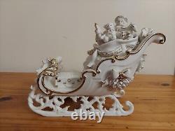 Vintage Grandeur Noel Porcelain Santa With Sleigh White With Gold Trim Large Set