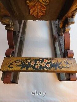 Vintage Hand Crafted German Folk Art Painted Wood & Iron Sleigh Sled