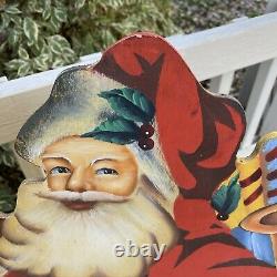 Vintage Hand Painted Wooden Christmas Cut Out Store Display Jolly Santa Toys