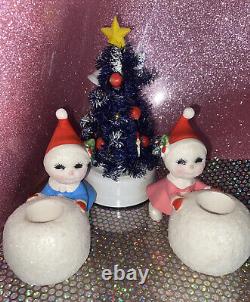 Vintage Japan CHRISTMAS SNOW BABY (2) boy girl Figurine Holly Berry Japan