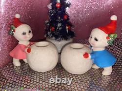 Vintage Japan CHRISTMAS SNOW BABY (2) boy girl Figurine Holly Berry Japan