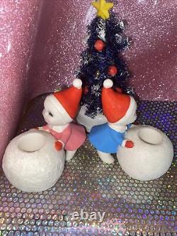 Vintage Japan CHRISTMAS SNOW BABY (2) boy girl Figurine Holly Berry Japan