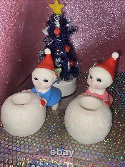 Vintage Japan CHRISTMAS SNOW BABY (2) boy girl Figurine Holly Berry Japan