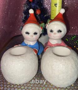 Vintage Japan CHRISTMAS SNOW BABY (2) boy girl Figurine Holly Berry Japan