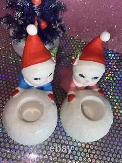 Vintage Japan CHRISTMAS SNOW BABY (2) boy girl Figurine Holly Berry Japan