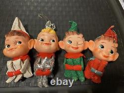 Vintage Japan Knee Hugger 4 Big Head Elf Elves Pixie Christmas Ornaments