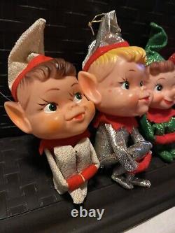 Vintage Japan Knee Hugger 4 Big Head Elf Elves Pixie Christmas Ornaments