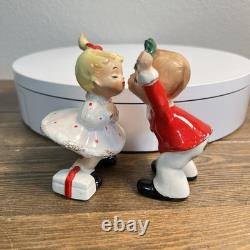 Vintage Josef Originals Christmas Kissing Boy and Girl Under Mistletoe RARE