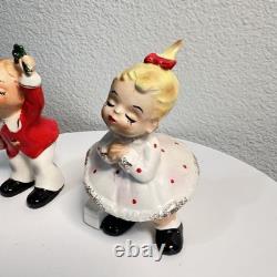 Vintage Josef Originals Christmas Kissing Boy and Girl Under Mistletoe RARE