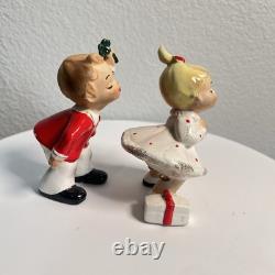 Vintage Josef Originals Christmas Kissing Boy and Girl Under Mistletoe RARE