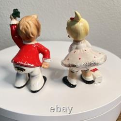 Vintage Josef Originals Christmas Kissing Boy and Girl Under Mistletoe RARE