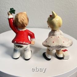 Vintage Josef Originals Christmas Kissing Boy and Girl Under Mistletoe RARE