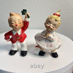 Vintage Josef Originals Christmas Kissing Boy and Girl Under Mistletoe RARE