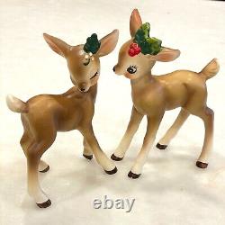 Vintage Josef Originals Christmas Reindeer Figurines Holly and Berries Pair