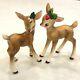 Vintage Josef Originals Christmas Reindeer Figurines Holly And Berries Pair