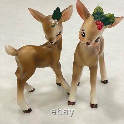 Vintage Josef Originals Christmas Reindeer Figurines Holly and Berries Pair