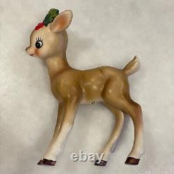 Vintage Josef Originals Christmas Reindeer Figurines Holly and Berries Pair