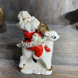 Vintage LEFTON Santa Reindeer Planter Japan Christmas Ceramic Spaghetti Trim