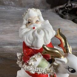 Vintage LEFTON Santa Reindeer Planter Japan Christmas Ceramic Spaghetti Trim