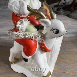 Vintage LEFTON Santa Reindeer Planter Japan Christmas Ceramic Spaghetti Trim