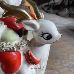 Vintage LEFTON Santa Reindeer Planter Japan Christmas Ceramic Spaghetti Trim