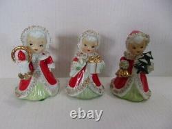 Vintage Lefton 1950's Christmas Angel Girl Bells Set of 3 Japan Spaghetti Trim