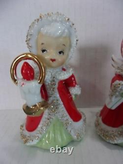 Vintage Lefton 1950's Christmas Angel Girl Bells Set of 3 Japan Spaghetti Trim