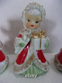 Vintage Lefton 1950's Christmas Angel Girl Bells Set of 3 Japan Spaghetti Trim