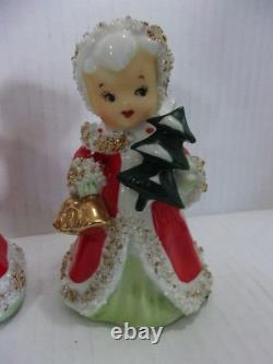 Vintage Lefton 1950's Christmas Angel Girl Bells Set of 3 Japan Spaghetti Trim
