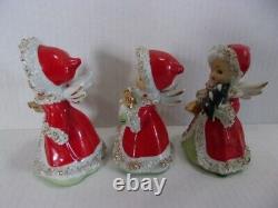 Vintage Lefton 1950's Christmas Angel Girl Bells Set of 3 Japan Spaghetti Trim