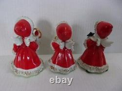 Vintage Lefton 1950's Christmas Angel Girl Bells Set of 3 Japan Spaghetti Trim