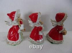 Vintage Lefton 1950's Christmas Angel Girl Bells Set of 3 Japan Spaghetti Trim