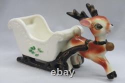 Vintage Lefton Ceramic REINDEER White SLEIGH Planter Candy Container #192 (RARE)