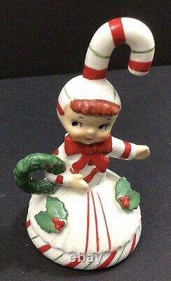 Vintage Lefton Christmas Candy Cane Girl Bells Trio