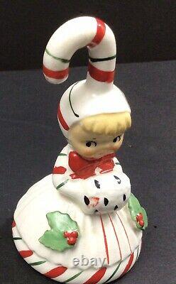 Vintage Lefton Christmas Candy Cane Girl Bells Trio