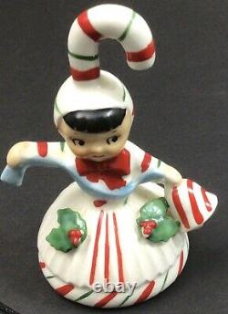 Vintage Lefton Christmas Candy Cane Girl Bells Trio