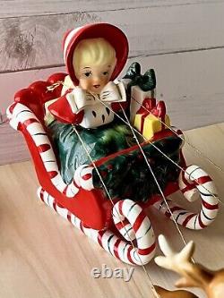 Vintage Lefton Christmas Shopper Girl in Candy Cane Sleigh 1956 Japan