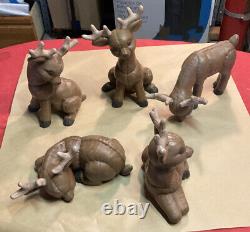 Vintage Lot Of 5 Ceramic Reindeer, Marked K 89 & 103. Brown Color