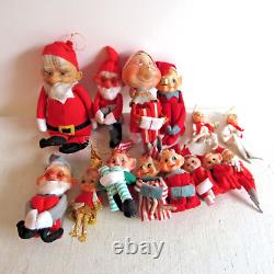 Vintage Lot of 14 Knee Huggers Ornaments Elves and Santa's Japan Rubber Face