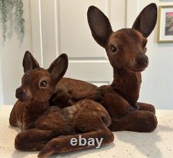 Vintage MCM Flocked Deer Family Large Buck Doe Fawn Made In AUSTRIA Mid Century