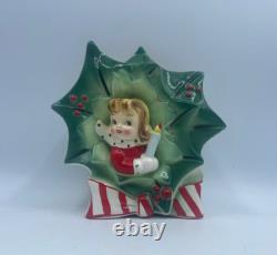 Vintage NAPCO JAPAN Ceramic HOLLY GIRL w CANDLE Christmas Vase with Sticker