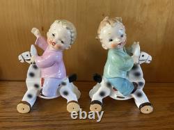 Vintage Napco Boy Figurines On Horses With Wheels S1375A S 1375B Christmas