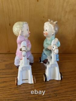 Vintage Napco Boy Figurines On Horses With Wheels S1375A S 1375B Christmas