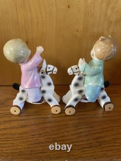 Vintage Napco Boy Figurines On Horses With Wheels S1375A S 1375B Christmas