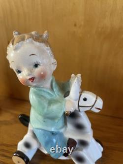 Vintage Napco Boy Figurines On Horses With Wheels S1375A S 1375B Christmas