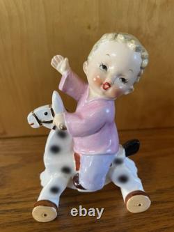 Vintage Napco Boy Figurines On Horses With Wheels S1375A S 1375B Christmas