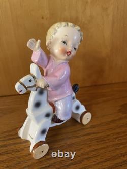 Vintage Napco Boy Figurines On Horses With Wheels S1375A S 1375B Christmas