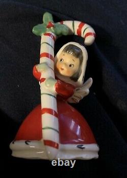 Vintage Napco Christmas Ceramic Bell Angel Holding Candy Cane 1956