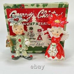 Vintage Napco Christmas Poinsettia Angel Sweethearts Ornament Bell with Box 1956 J