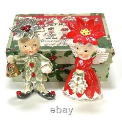 Vintage Napco Christmas Poinsettia Angel Sweethearts Ornament Bell with Box 1956 J